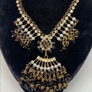 SALE! Black, gold and crystal necklace/pierced earrings